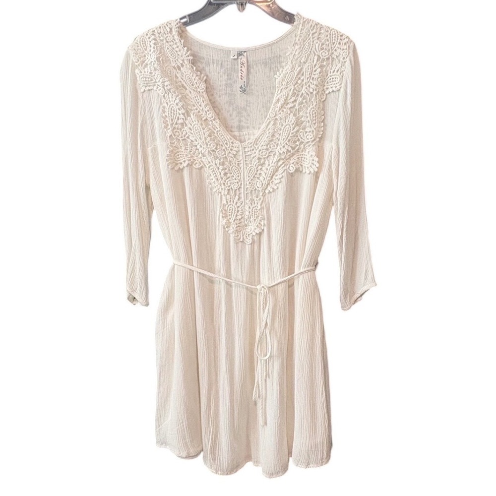 White Ivory Crochet Lace VNeck Crinkle Rayon‎ Tunic Mini Dress Boho Bridal Large